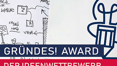 Auf einem Banner ist der Titel GrünES! Award zu lesen, im Hintergrund ist eine gezeichnete Lanpe auf einem Stift.