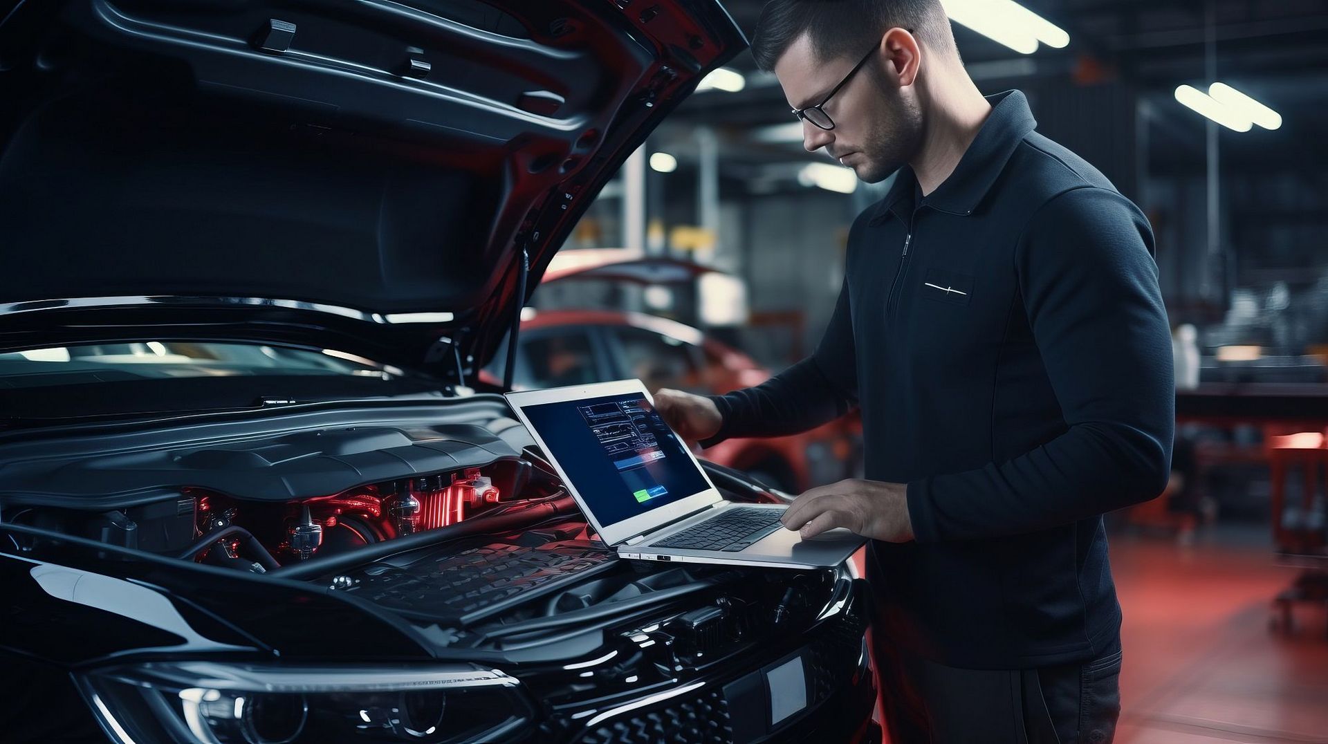 Ein Mann steht mit einem Laptop vor einer offenen Motorhaube