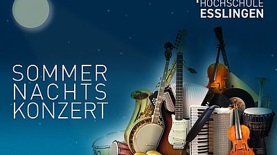 Plakat mit Musikinstrumenten informiert über das Sommernachtskonzert der Hochschule Esslingen  