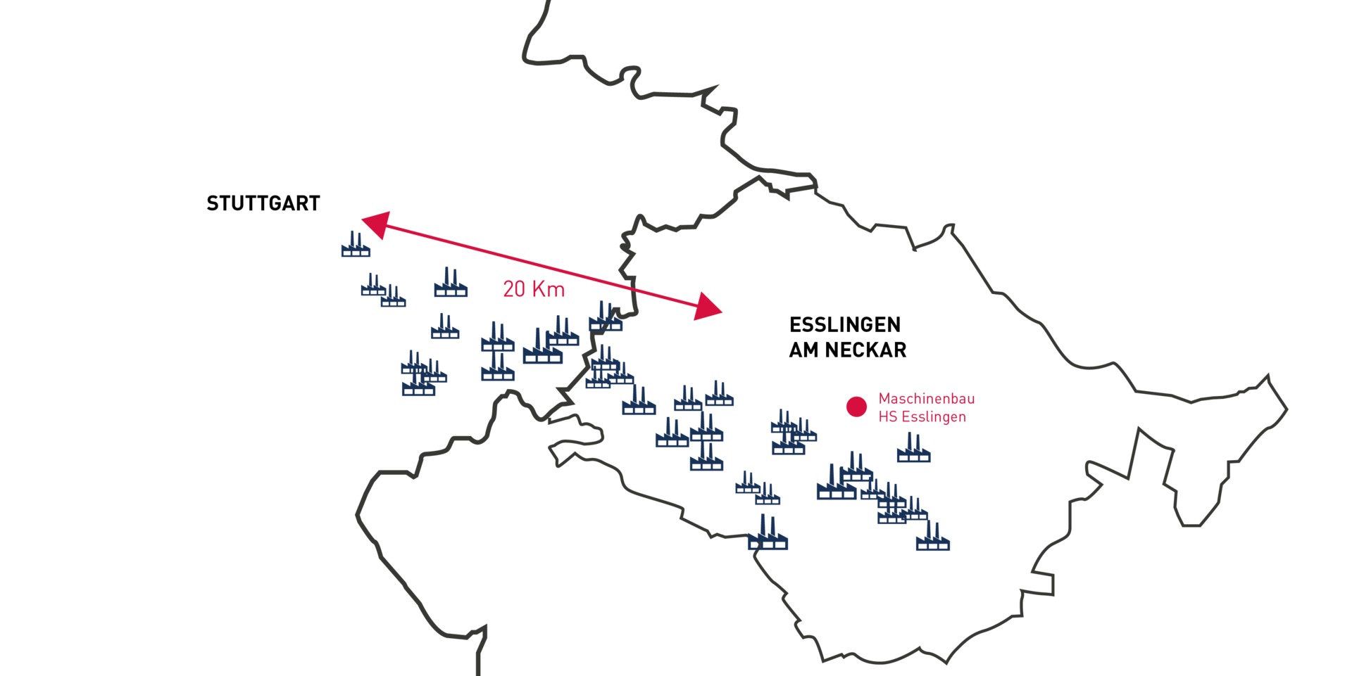 Die Grafik zeigt die Entfernung von 20 km von Stuttgart nach Esslingen.