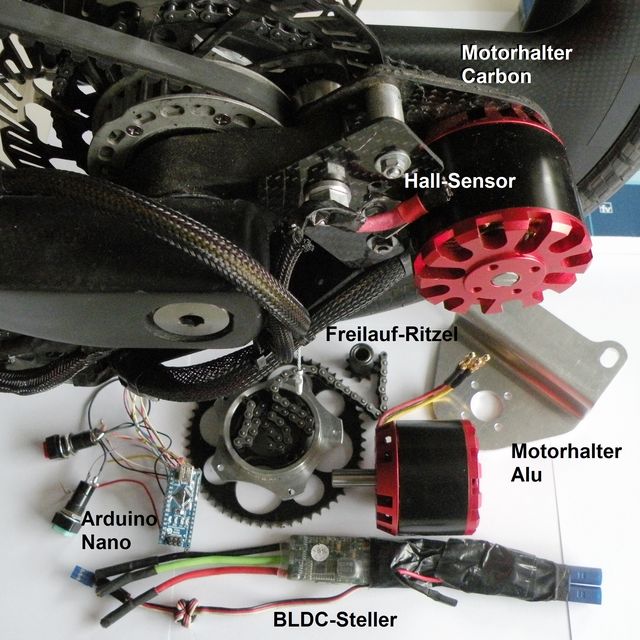 The single parts of an Outrunner-E-Drive at the rear wheel: Mootrholdercarbon, Motorholder Alu, Hall-Sensor, Freewheel-Rizel, Arduino-Nano, BLDC-Steller