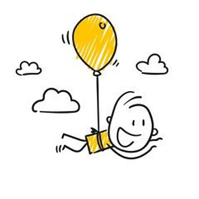 Strichmännchen des mit einem Luftballon fliegt