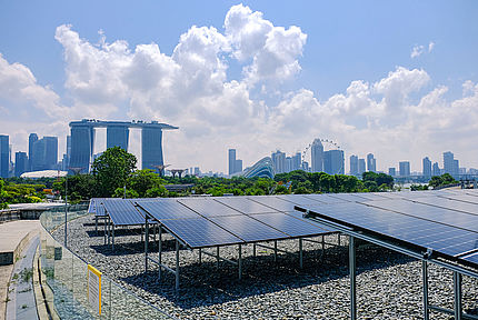 View of solar panels in The Solar Park at Marina Barrage, with M