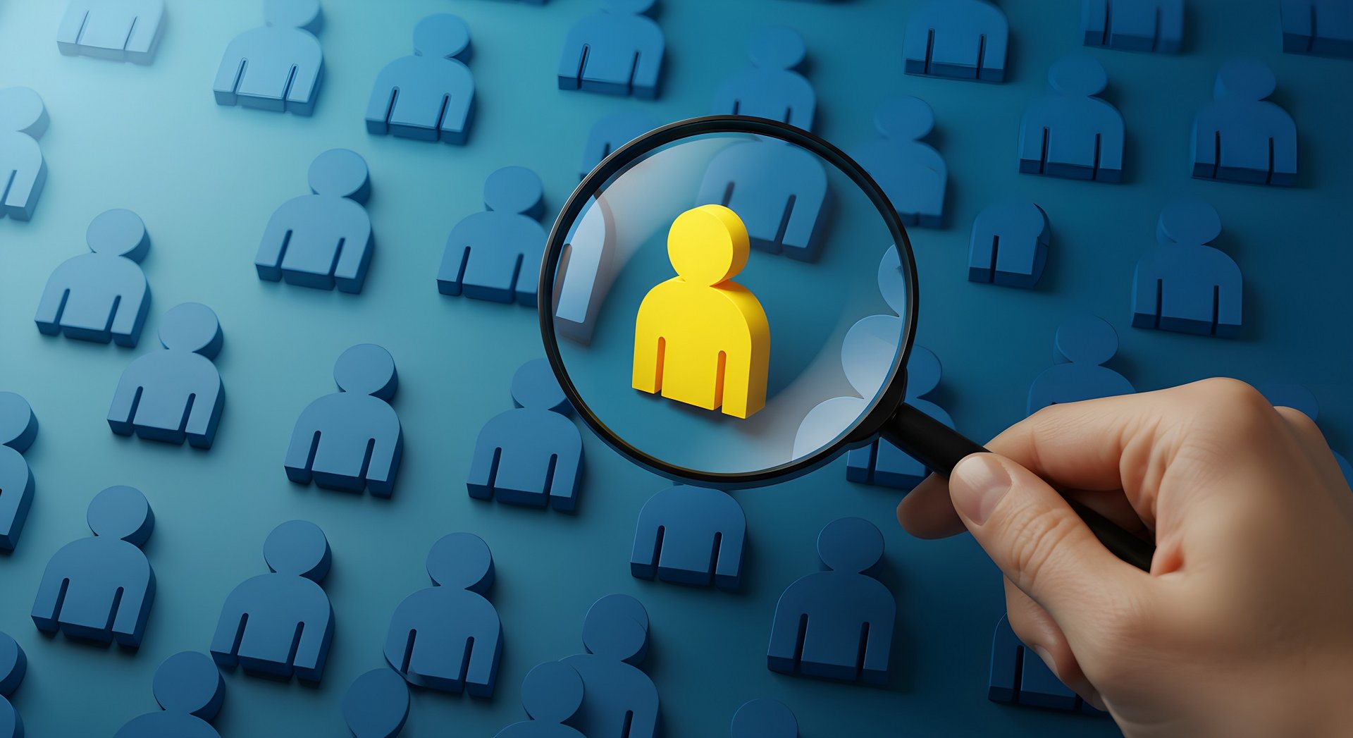 Eine Hand hält eine Lupe über eine gelbe Figur und wählt sie aus einer Menge blauer Figuren aus.