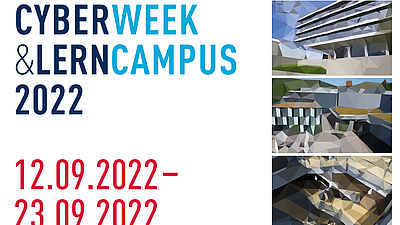 Die Grafik zeigt den Zeitraum des LernCampus und der CyberWeek und drei abstrakte Bilder der Standorte der Hochschule Esslingen.
