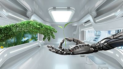 Roboterhand fasst Pflanze an