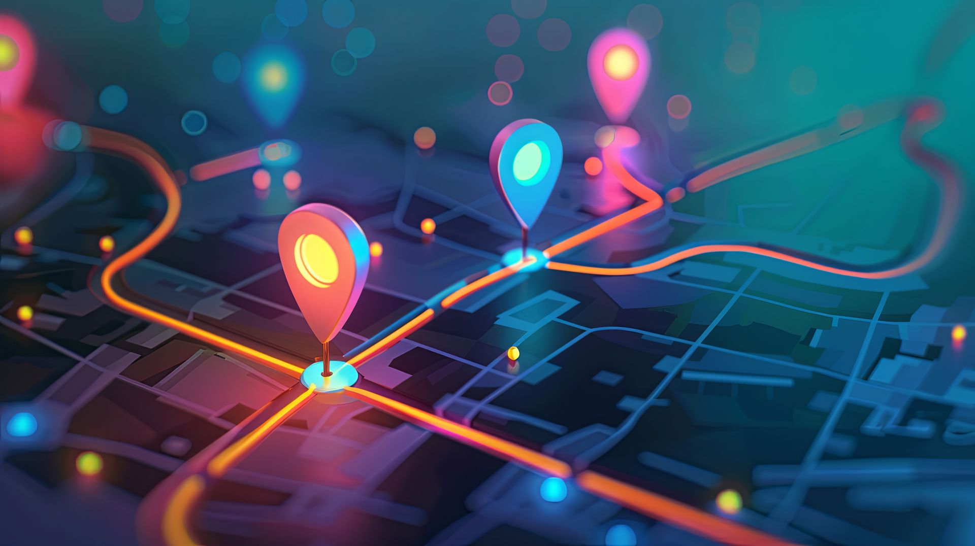 Isometric GPS tracking map with multiple pins marking destinations. Abstract background for navigation and mapping. Generative AI