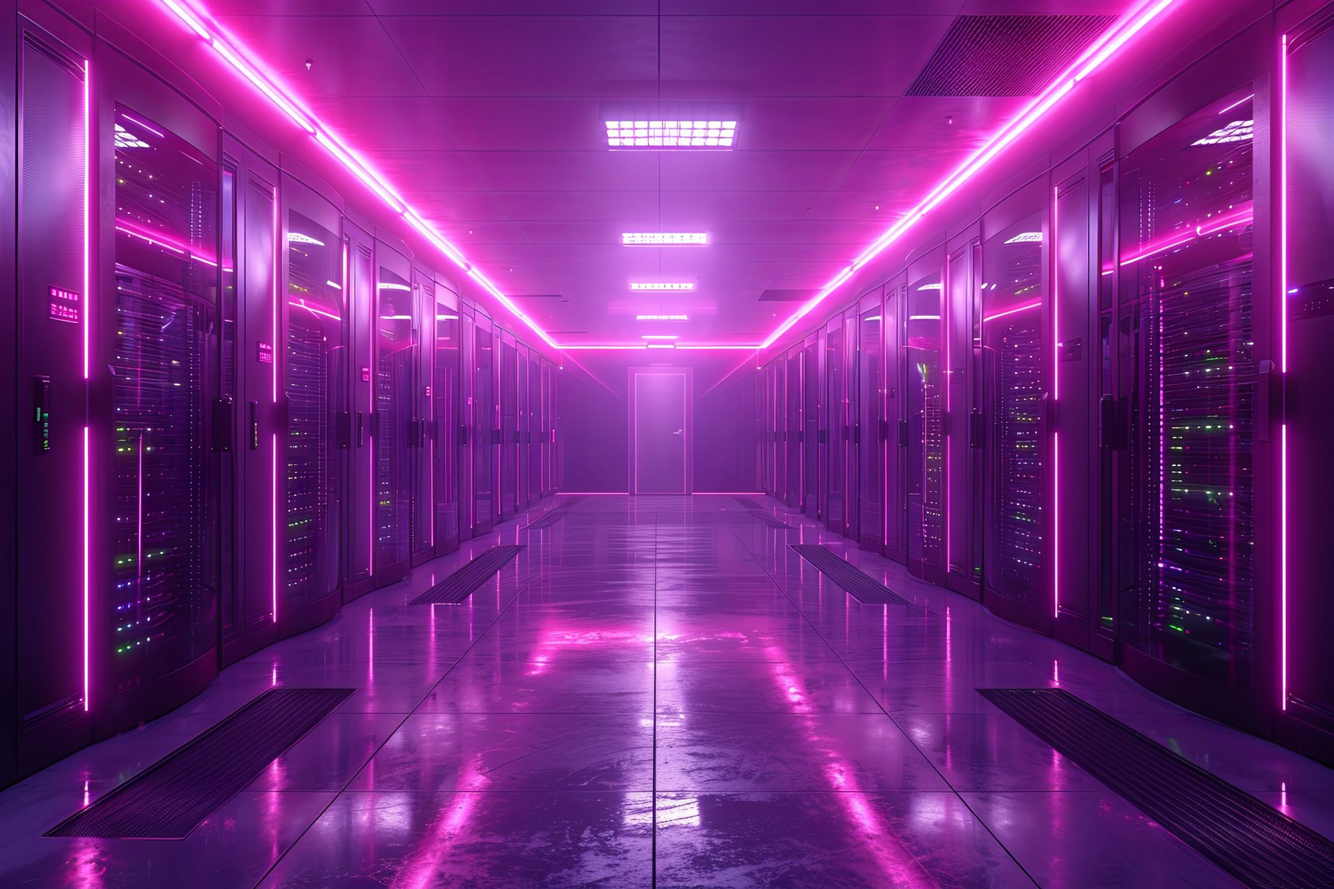 a server room with server racks in the dark, in the style of light indigo and black, glassy translucence. Generative AI.